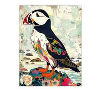 Artery8 Colourful Patterned Puffin Artwork Mosaic Floral Wall Art Print | Size: W12" x H16" Artery8 Multicolor W12" x H16"