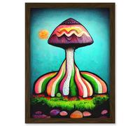 Artery8 Colourful Psychedelic Cartoon Mushroom Painting Artwork Framed Wall Art Print A4 in Brown Artery8 Brown