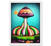 Artery8 Colourful Psychedelic Cartoon Mushroom Painting Artwork Framed Wall Art Print A4 in White Artery8 White