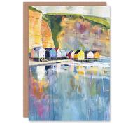 Artery8 Greeting Card Colourful Quaint Cliffside Beach Chalets Painting Blank For Him Or Her Art Birthday Card