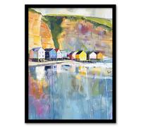 Colourful Quaint Cliffside Beach Chalets Painting Framed Art Print Artery8 Blue A4