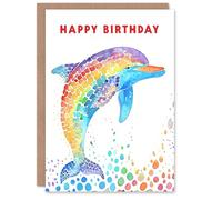 Artery8 Colourful Rainbow Pattern Dolphin Watercolour For Child Kids Birthday Card