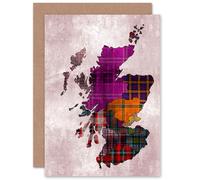 Artery8 Colourful Scotland Clan Tartan Map for Him or Her Man Woman for All Occasions Blank Art Greeting Card