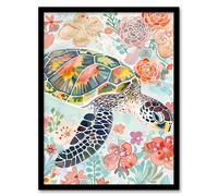 Artery8 Colourful Sea Turtle Marine Flowers Watercolour Framed Wall Art | Size: W12" x H16" Artery8 Multicolor W12" x H16"