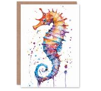 Artery8 Colourful Seahorse Bright Watercolour Painting Blank For Him Or Her Art Birthday Card