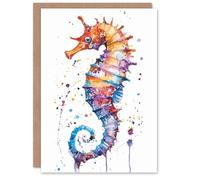 Artery8 Colourful Seahorse Bright Watercolour Painting For Him Or Her Art Birthday Personalised Card