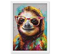 Artery8 Colourful Sloth with Glasses Modern Folk Art Artwork Framed Wall Art Print A4