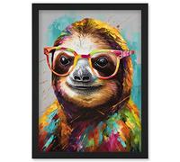 Artery8 Colourful Sloth with Glasses Modern Folk Art Artwork Framed Wall Art Print A4