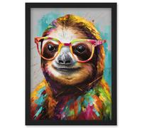 Artery8 Colourful Sloth with Glasses Modern Folk Art Artwork Framed Wall Art Print A4