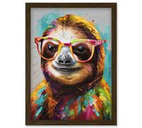 Artery8 Colourful Sloth with Glasses Modern Folk Art Artwork Framed Wall Art Print A4