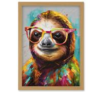Colourful Sloth with Glasses Modern Folk Art Artwork Framed Wall Art Print A4 Artery8 Light Oak One Size