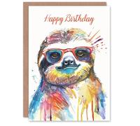 Artery8 Colourful Smiling Sloth Sunglasses Watercolour Blank For Him Or Her Art Birthday Card