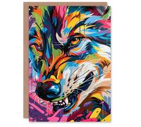 Artery8 Birthday Card Colourful Street Art Graffiti Growling Wolf Blank Arty Art All Occasion Greeting Card
