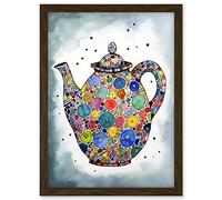 Artery8 Colourful Teapot Folk Art Kitchen Artwork Framed A3 Wall Art Print