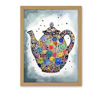 Artery8 Colourful Teapot Folk Art Kitchen Artwork Framed Wall Art Print 18X24 Inch
