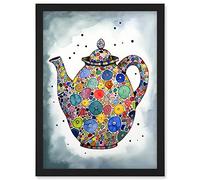 Artery8 Colourful Teapot Folk Art Kitchen Artwork Framed Wall Art Print A4