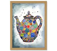 Artery8 Colourful Teapot Folk Art Kitchen Artwork Framed Wall Art Print A4