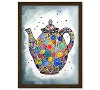 Artery8 Colourful Teapot Folk Art Kitchen Artwork Framed Wall Art Print A4
