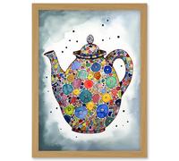 Artery8 Colourful Teapot Folk Art Kitchen Artwork Framed Wall Art Print A4 in Light Oak Artery8 Light Oak