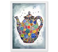 Artery8 Colourful Teapot Folk Art Kitchen Artwork Framed Wall Art Print A4 in White Artery8 White