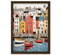 Wall Art Print Colourful Town Harbour Acrylic Painting Red Yellow Blue Fishing Boats Coastal Townscape Artwork Framed A4 Artery8 Brown A4
