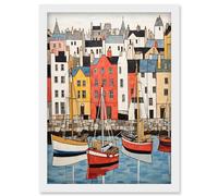 Wall Art Print Colourful Town Harbour Acrylic Painting Red Yellow Blue Fishing Boats Coastal Townscape Artwork Framed A4 Artery8 White A4