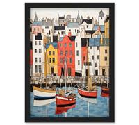 Wall Art Print Colourful Town Harbour Acrylic Painting Red Yellow Blue Fishing Boats Coastal Townscape Artwork Framed A4 Artery8 Black A4