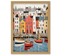 Wall Art Print Colourful Town Harbour Acrylic Painting Red Yellow Blue Fishing Boats Coastal Townscape Artwork Framed A4 Artery8 Light Oak A4