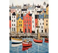 Wall Art Print Colourful Town Harbour Acrylic Painting Red Yellow Blue Fishing Boats Coastal Townscape Poster Artery8 Multi W18 inch x H24 inch