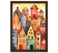 Artery8 Colourful Townscape Folk Art Watercolour Painting Artwork Framed A3 Wall Art Print