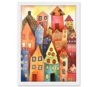Artery8 Colourful Townscape Folk Art Watercolour Painting Artwork Framed A3 Wall Art Print