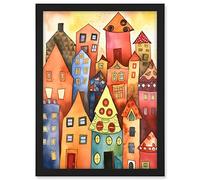 Artery8 Colourful Townscape Folk Art Watercolour Painting Artwork Framed A3 Wall Art Print
