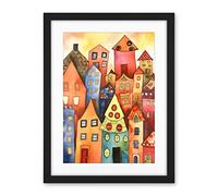 Artery8 Colourful Townscape Folk Art Watercolour Painting Artwork Framed Wall Art Print 18X24 Inch