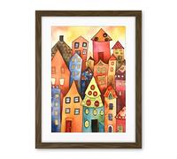 Artery8 Colourful Townscape Folk Art Watercolour Painting Artwork Framed Wall Art Print 18X24 Inch