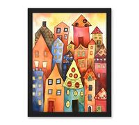 Artery8 Colourful Townscape Folk Art Watercolour Painting Artwork Framed Wall Art Print 18X24 Inch
