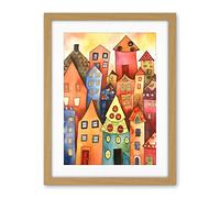 Artery8 Colourful Townscape Folk Art Watercolour Painting Artwork Framed Wall Art Print 18X24 Inch
