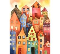 Artery8 Colourful Townscape Folk Art Watercolour Painting Extra Large XL Wall Art Poster Print