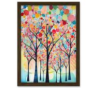 Artery8 Colourful Trees Blooming In Spring Folk Art Watercolour Painting Artwork Framed A3 Wall Art Print