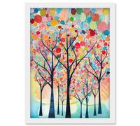 Artery8 Colourful Trees Blooming In Spring Folk Art Watercolour Painting Artwork Framed Wall Art Print A4 in White Artery8 White