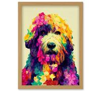Artery8 Colourful Vibrant Floral Labradoodle Dog Abstract Portrait Artwork Framed Wall Art Print A4 in Light Oak Artery8 Light Oak