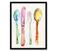 Artery8 Colourful Watercolour Cutlery Spoons Knife Fork Framed Wall Art | Size: W12" x H16" Artery8 Multicolor W12" x H16"