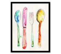 Artery8 Colourful Watercolour Cutlery Spoons Knife Fork Kitchen Artwork Framed Wall Art Print A4