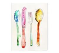 Artery8 Colourful Watercolour Cutlery Spoons Knife Fork Kitchen Large Wall Art Poster Print Thick Paper 18X24 Inch