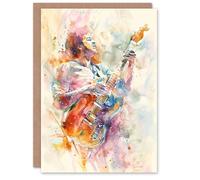 Artery8 Greeting Card Colourful Watercolour Electric Guitar Musician Blank For All Him Or Her Art Birthday Card