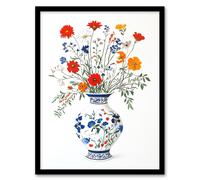 Artery8 Colourful Wildflower Bouquet Floral Pattern Vase Framed Art Print in Blue | Size: W12" x H16" Artery8 Blue W12" x H16"