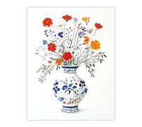 Colourful Wildflower Bouquet Floral Pattern Vase Wall Art Print Artery8 Blue W24 inch x H32 inch