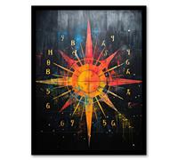 Artery8 Compass Fantasy Cardinal Directions Oil Painting Orange Pink Mystical Point Symbols Star Artwork Framed Wall Art Print A4
