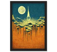 Conceptual Abstract Gold Landscape Full Moon Linocut Artwork Framed Wall Art Print A4 Artery8 Black One Size
