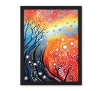 Artery8 Contemporary Aboriginal Artwork in Blue and Orange Vibrant Abstract Forest Trees and Stars Artwork Framed Wall Art Print 18X24 Inch