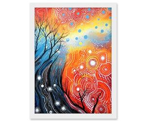 Artery8 Contemporary Aboriginal Artwork in Blue and Orange Vibrant Abstract Forest Trees and Stars Artwork Framed A3 Wall Art Print